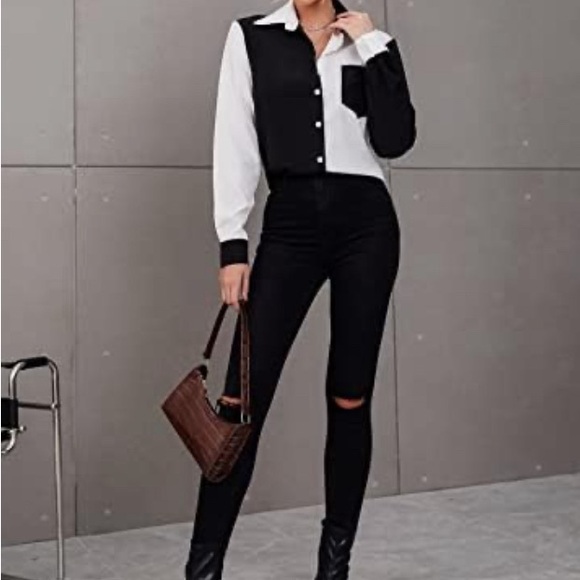 🌟Chic black and white color blocked button-down men’s wear inspired shirt! 🌟 - Picture 2 of 5